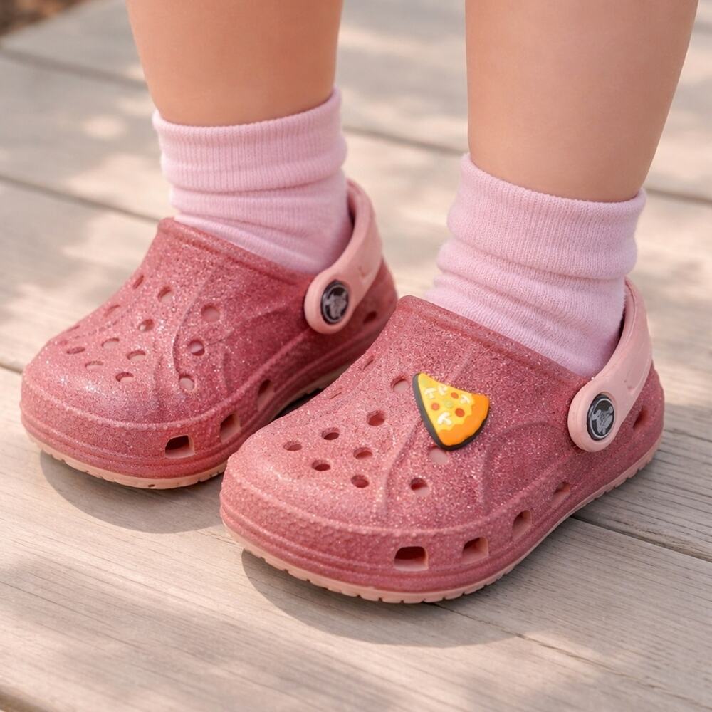 CROCS Kids Sparkly Pink Clogs With Pizza Croc Charm Sz. 4